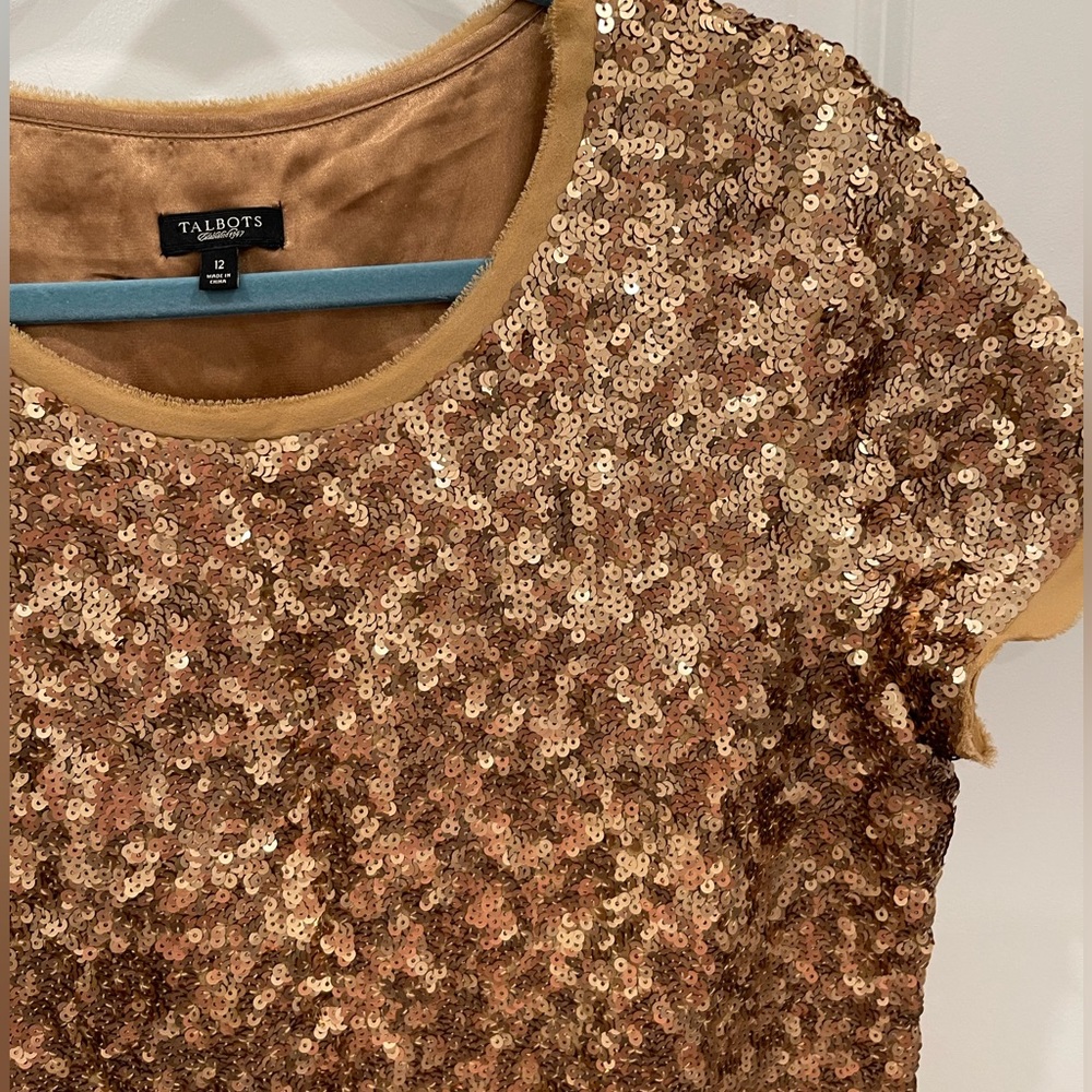 Talbots Gold Sequins Silk Short Sleeve Blouse Size 12